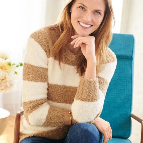 Talbots Ultra Plush Stripe Crewneck Sweater Tan Cream Size XL - Picture 3 of 3